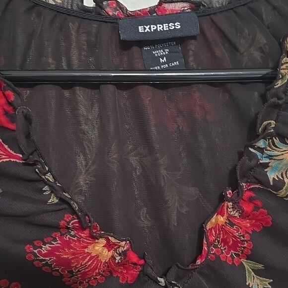 VTG Express Y2K Sheer Stretch Mesh Top Size M Black Re Floral Lettuce Trim Goth - Picture 2 of 9